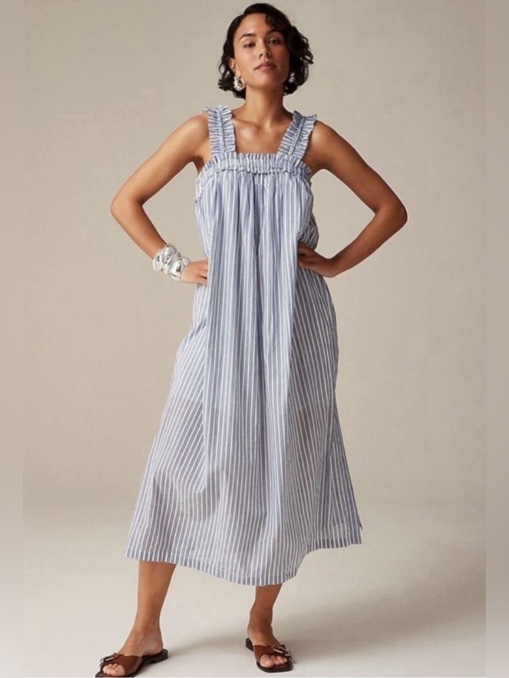 J.Crew Cotton Voile Ruffle Trim Shift Midi Dress In Blue And White Pinstripes